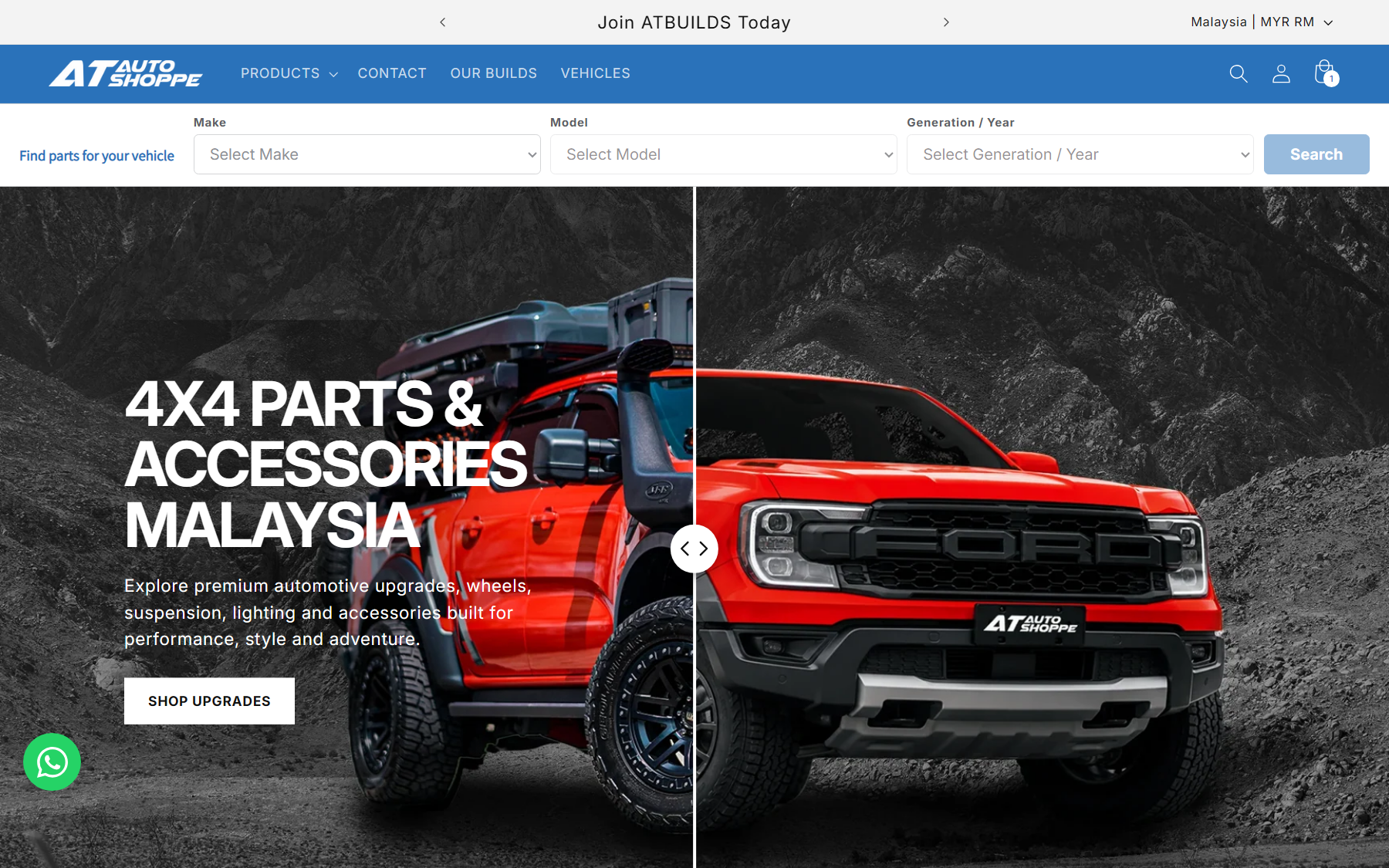 AT Auto Shoppe homepage with the make, model and year vehicle finder above a before-and-after slider of a red 4×4