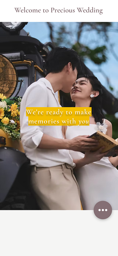 Precious Wedding homepage on mobile, with a couple photo and the line We're ready to make memories with you